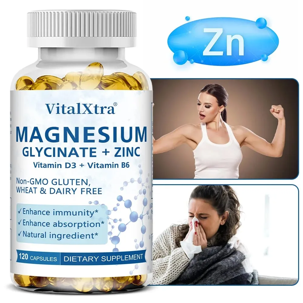 Glycinate de magnésium + supplément de zinc - Soutient les os du système immunitaire Le supplément minéral pour la santé cardiaque aide au sommeil naturel