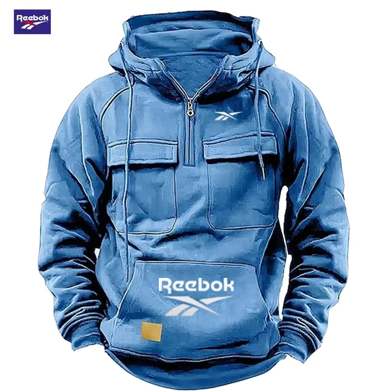 2026 Reebok Logo Multi-Pocket Design Hoodie - The Top Choice for Fashionable Autumn and Winter, a Semi-Zippered Hooded Comforta