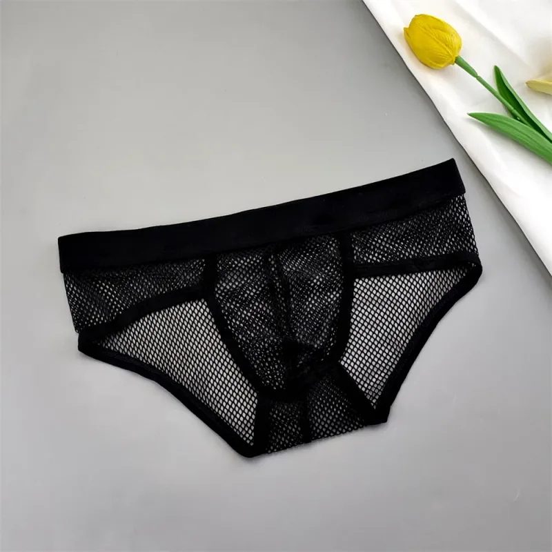 Hollow Out Fishnet Men's U Convex Briefs Breathable Mesh Low Waist Fully Transparent Underwear Perspective Lingerie
