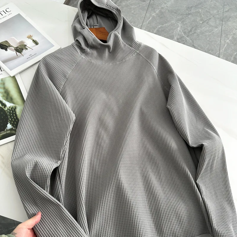 Lightweight Soft Elastic Waffle Grid Harajuku Style Half Face Hooded Loose Thin Sweatshirt Unisex Polyester Fiber Long Sleeve — image 8
