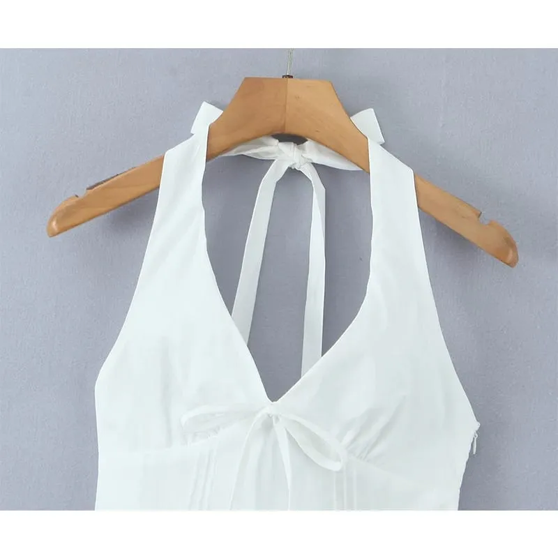 Sexy Deep V Halter Bílé minišaty Dámská Móda Bez zad Elegantní společenské šaty Letní Župan Šněrovací Vestidos