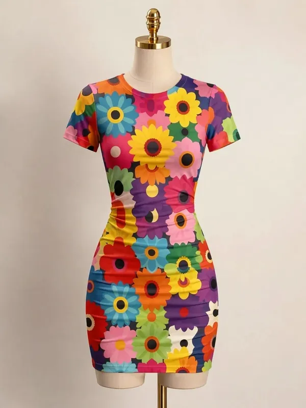 Womens Short Sleeve Bodycon Mini Dress Slim Fit Crew Neck Floral Print Casual Summer Party Cute Sweet Slimming Vacation Sundress