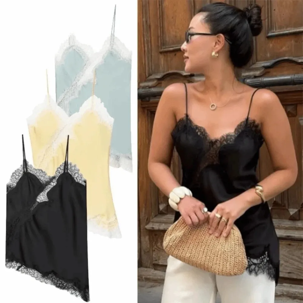 Thanh lịch Bất Đối Xứng Ren Ren Miếng Dán Cường Lực Top Không Tay Hở Lưng Yếm Áo Cổ Chữ V Ren Nữ bể Mặc Mùa Hè