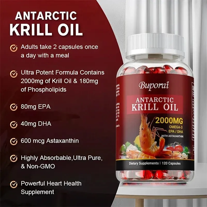 Olio di krill antartico 2000MG - Contiene astaxantina favorisce la salute del cervello e del cuore, il metabolismo antiossidante e aumenta l'immunità