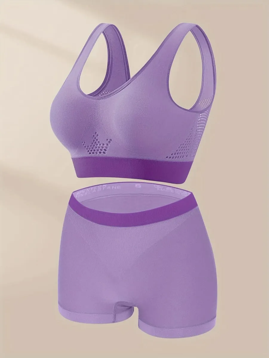 1set Set lingerie da donna Plus Size Bralette Reggiseno senza cuciture Comodo reggiseno sportivo traspirante Boxer in tessuto elasticizzato