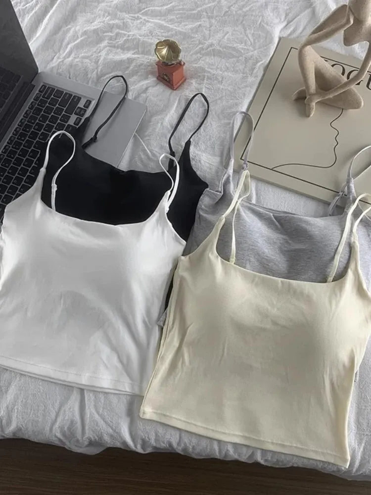 2026 Women With Built In Bra Spaghetti Strap Tanks Summer Camis Tank Casual Tops For Woman Solid Color Female Korean Style