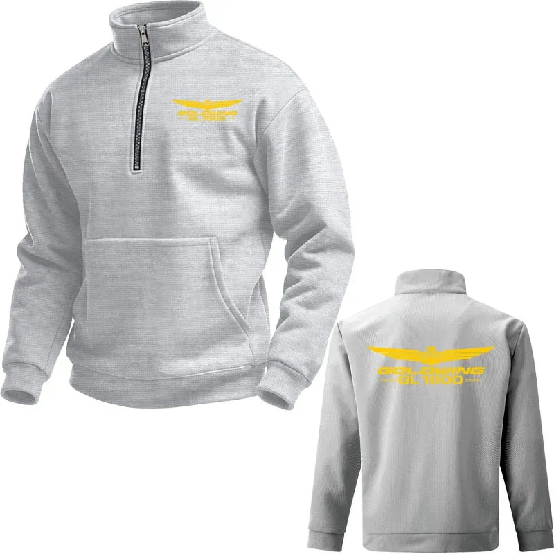 2025 Solid color plus size Textured men's pullover top Gold Wing gl1800 print Loose comfortable Stand Collar Zipper Hoodies
