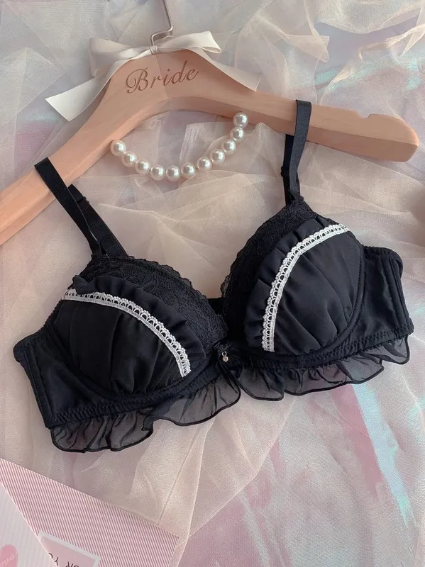 Set Bra Hitam Cincin Baja Besar V Dalam Anak Perempuan Jaring Cup Tipis Seksi dengan Cincin Baja Pakaian Dalam Wanita Celana Dalam Lingerie