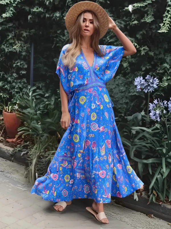 Boho Queens Mulheres Pavão Floral Impressão Manga Morcego Praia Boêmio Maxi Vestidos Senhoras V Neck Tassel Vestido de Verão