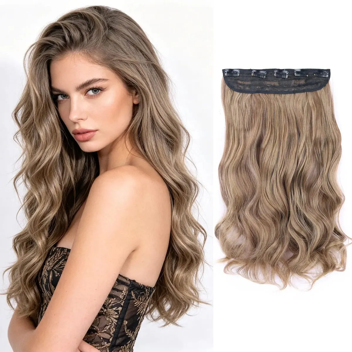 Extensions de cheveux synthétiques à clips, postiche ondulée en fibre haute température, 5 clips en une pièce, pour femmes, fête quotidienne, vacances
