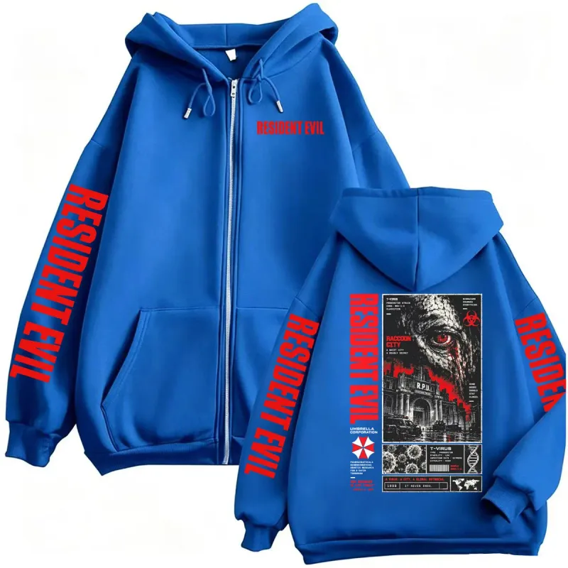 Vintage Resident Evil T-Virus Horror Gaming Zip Up Hoodies Men Women Harajuku Gothic Fashion Jacket Sweatshirts Coats Streetwear