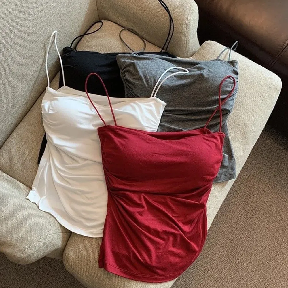Y2K Streetwear Women Spaghetti Strap Crop Top With Bra Bodycon Sleeveless Cami Tube Top Basic Camisole Tees Korean Women Clothes