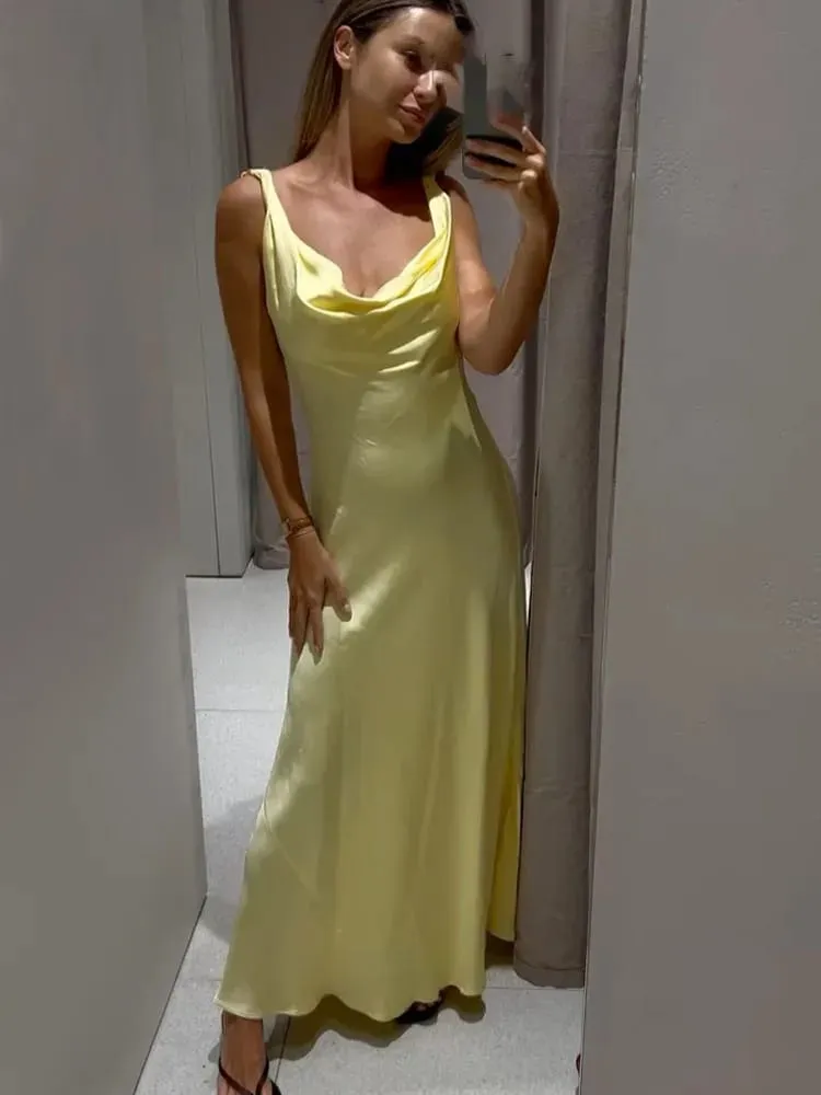 HH Women's Solid Vacation Style Satin Texture Backless V-neck Midi Dress Summer Female Elegant Sexy Lace-up Strap Dress