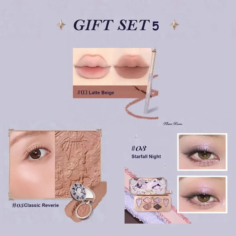 Flower Knows Knight Unicorn Collection Makeup Gift Set 3PCS Kit Eye Shadow Palette Long Lasting Lipstick Blusher Setting Powder