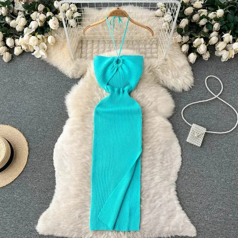YuooMuoo elegante moda Sexy paquete caderas dividido vestido de verano de punto 2025 mujeres ajustado vestido ajustado elástico vestido de fiesta ropa de calle traje