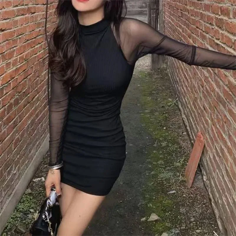 Mesh Patchwork Halb Stehkragen Frauen Kleider Schwarz Mode Durchsichtig Lange Hülse Dünne Clubwear Weibliche Mini Kleid Bodycon