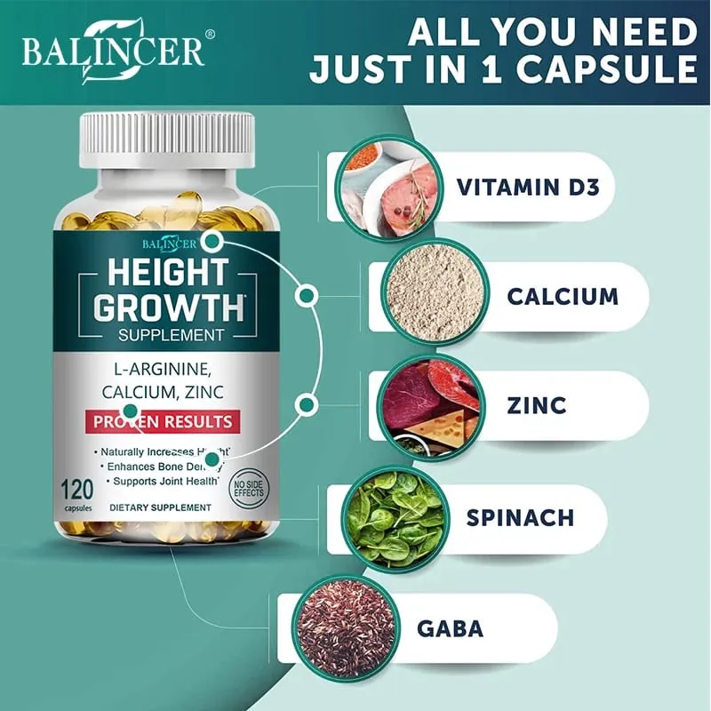 Height Growth Supplements Calcium Vitamin D3 Zinc Bone Strengthening Natural Height Increase for Children Teens Adults