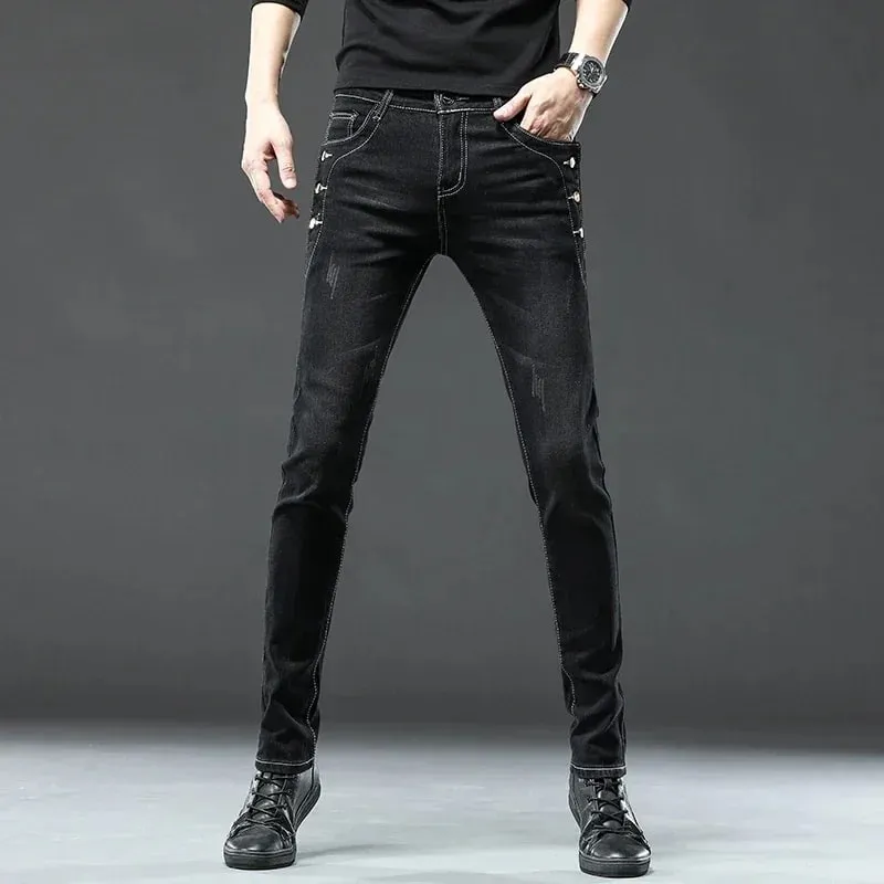 Men's Vintage Jeans Designer Korean Fashion Snowflake Wash Stretch Straight Pencil Pants Classic Slim Male Denim Trousers