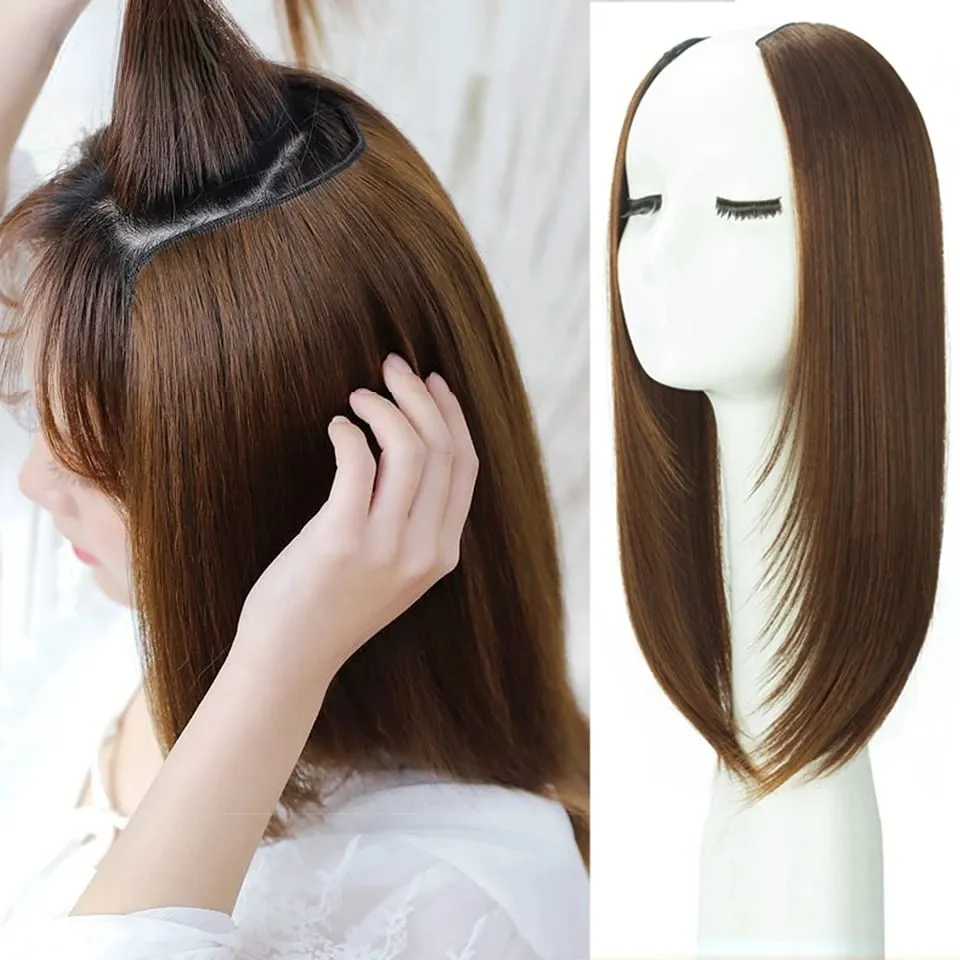 18Inch Synthetic V-shaped Layered Synthetic Long Straight Hair Extension Hairpiece Wig for Women