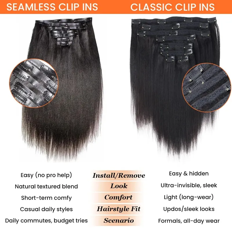 Seamless Light Yaki Straight PU Clips In Human Hair Extensions Natural Color Invisible Weft In Brazilian Remy Human Hair 110G