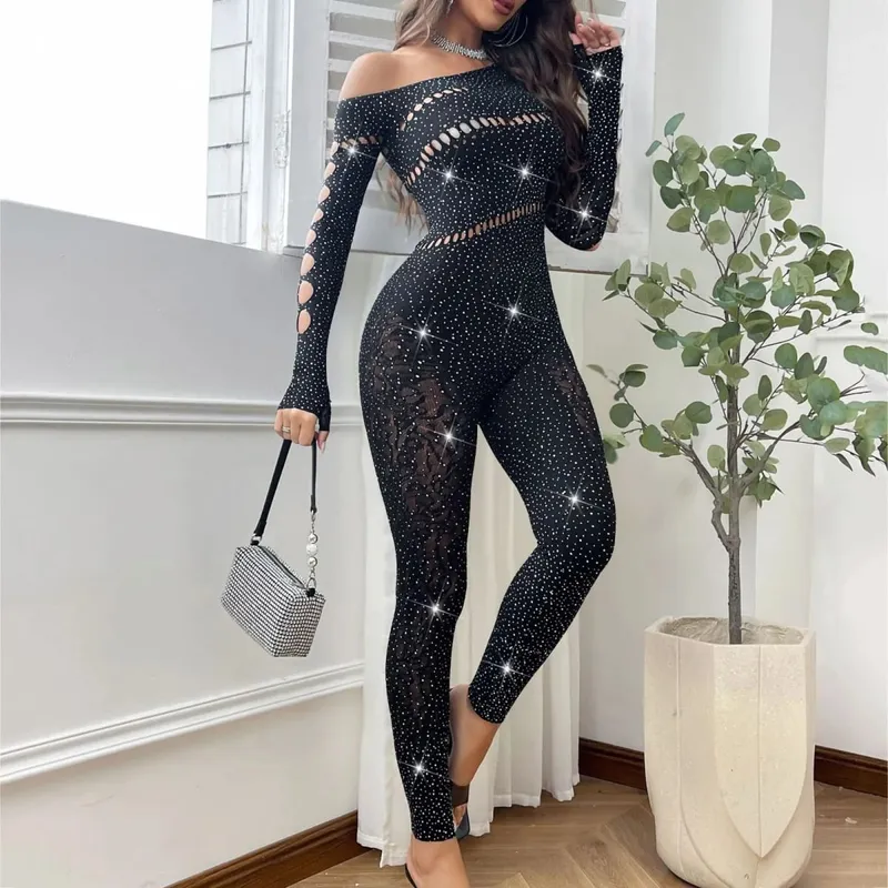 ผู้หญิงเซ็กซี่ตาข่าย Rhinestone Jumpsuit แขนยาวดูผ่านยืดถุงน่อง Jumpsuit Club PLUS ขนาดสต็อกชุดชั้นใน — image 7
