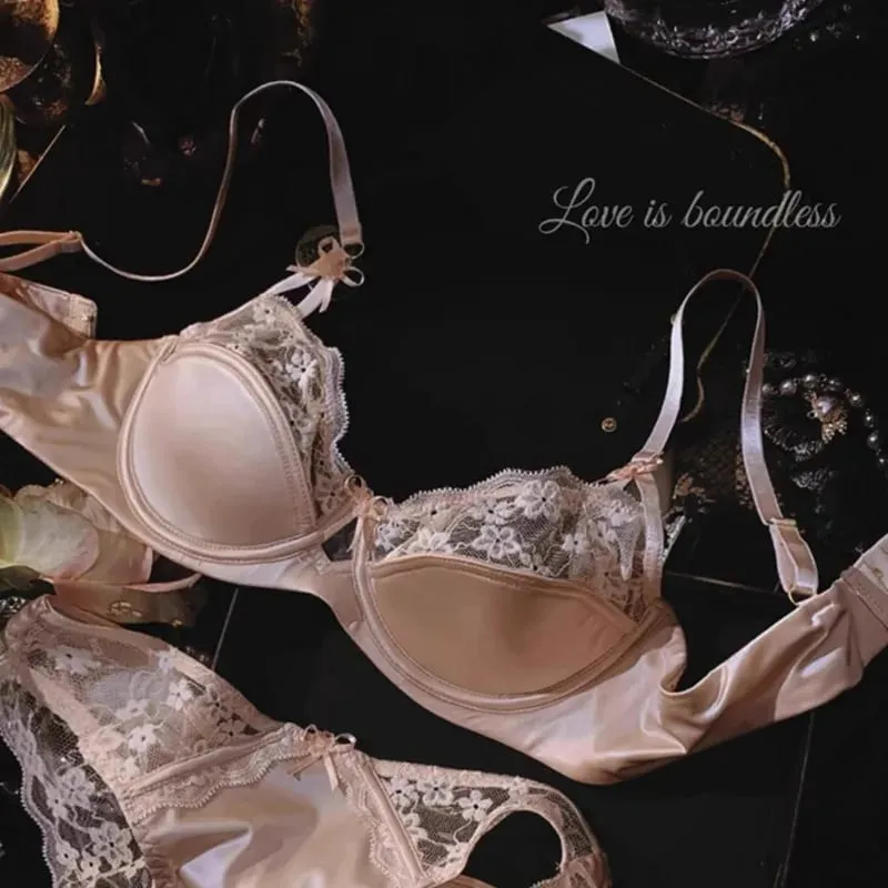 Sexy Lace Floral Bra Set Thin Section Breathable Small Breasts Gathered Collect Side Breasts Glossy Solid Color Underwear Set