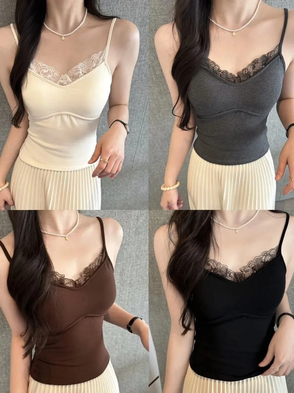 Autumn/Winter Fitted Lace-trimmed Camisole V-Neck Comfortable Slim Fit Camisole Top Soft with Padded Bra Women's Top