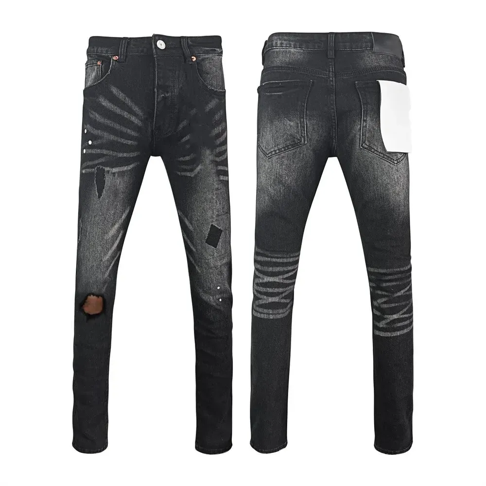 Jeans Men Fashion Classic style Retro Wash black paint Hole Repair Low Rise Stretch Skinny Pleated Ripped Frayed Jeans Trousers — image 14