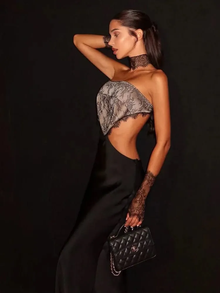 Hollow Out bez ramiączek koronkowy patchworkowy chusta na biodra seksowne sukienki damskie klubowe płaszcza Bodycon modne stroje damskie Party Slim