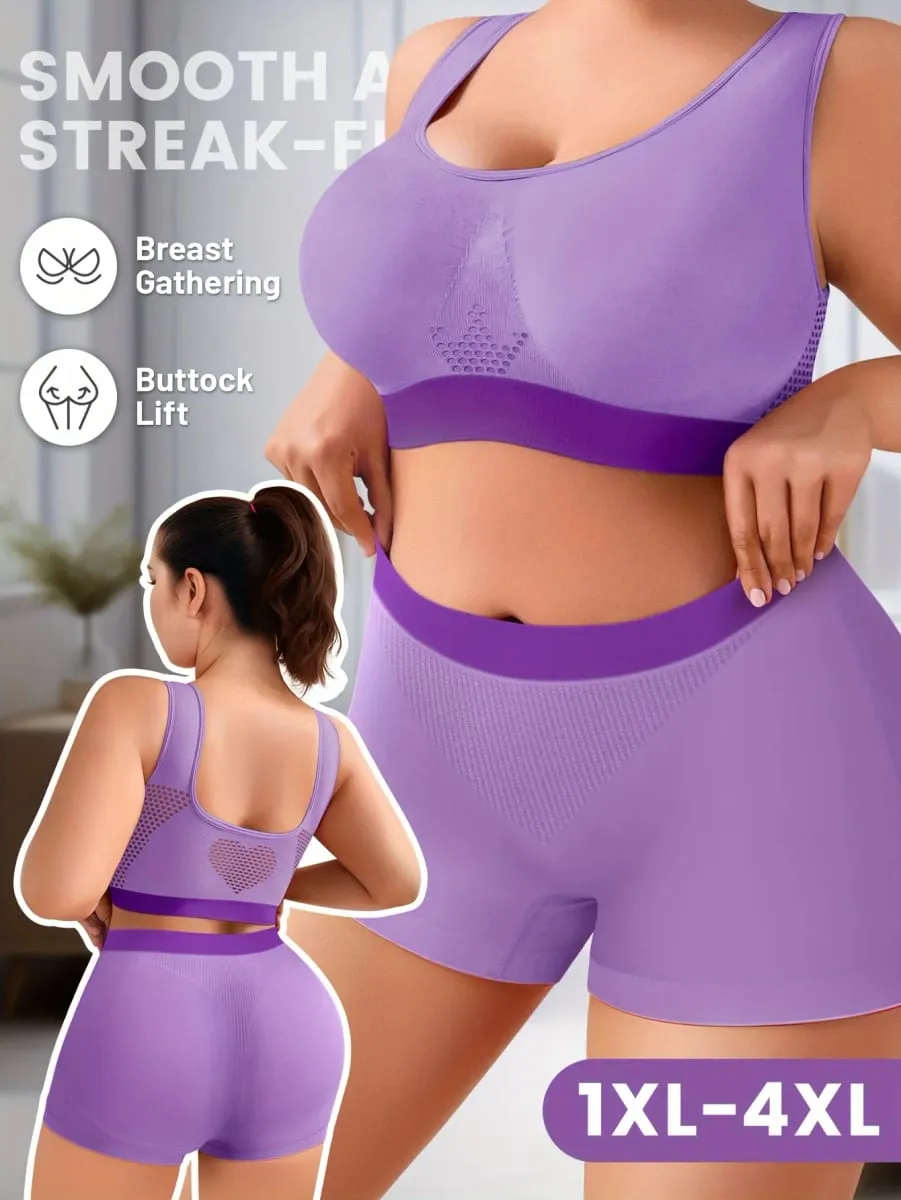 1set Set lingerie da donna Plus Size Bralette Reggiseno senza cuciture Comodo reggiseno sportivo traspirante Boxer in tessuto elasticizzato