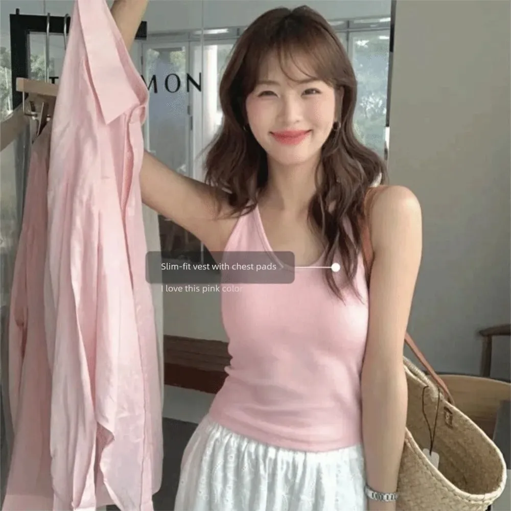 Korean Style with Chest Pad Strap Vest U-Neck Solid Color Backless Sleeveless Top Slimming Women Camis Summer — image 5