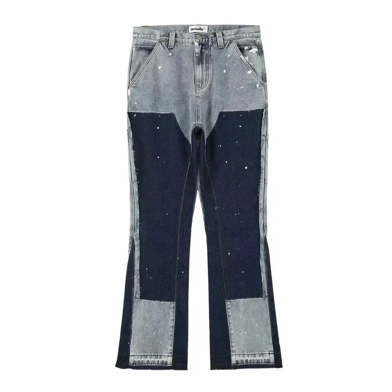 Vintage Flared Jeans for Men Y2k Streetwear Frayed Bell Bottom Baggy Hip Hop Graffiti Colorblock Slim Fit Jeans Pants Man Black