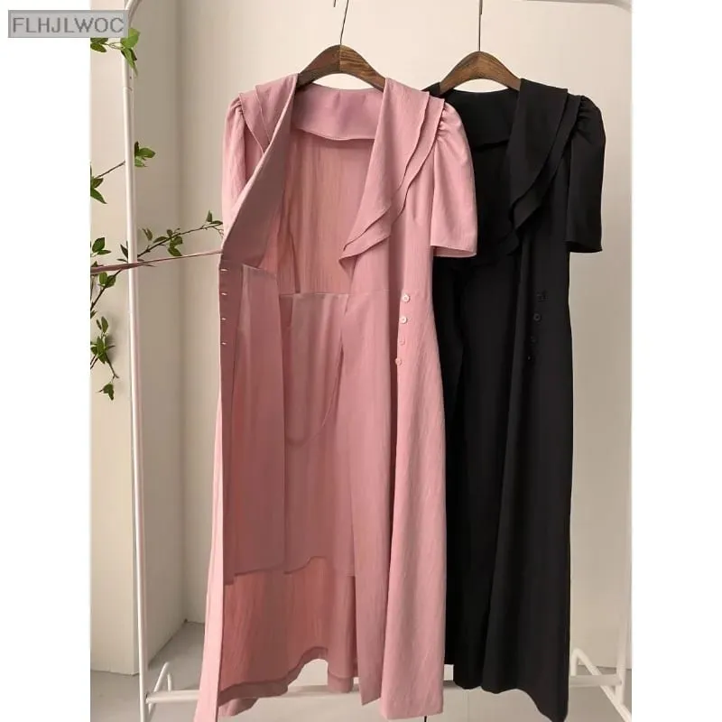 South Korea Chic Midi Dress Women Summer Japan Style Retro Vintage Design Ruffles Pink One-Piece Lace-Up Dress FLHJLWOC Vestidos — image 7