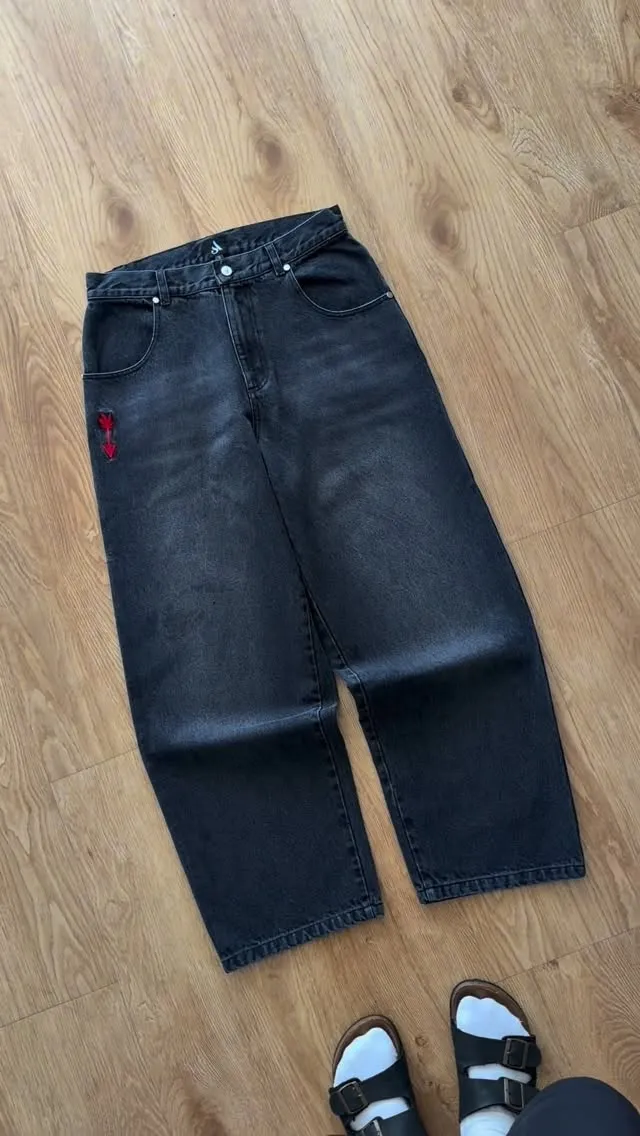 Retro Flame Arrow Embroidered Jeans Baggy Wide Leg Straight Denim Pants Men's Hip Hop Y2k High Waist Streetwear Men Clothing — image 2