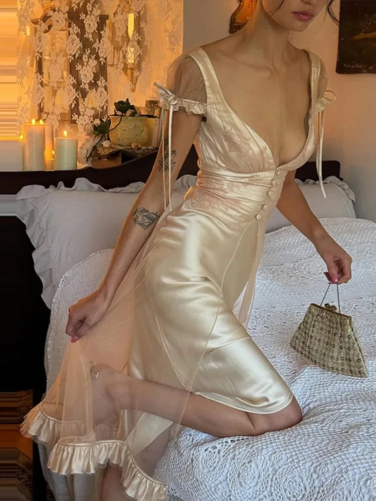 Vintage Chic Women Dress Deep V Neck Mesh Spliced Satin Tie Strap Back Bow Ruffle Hem Midi Dresses 2026 Summer Party Guest Gown