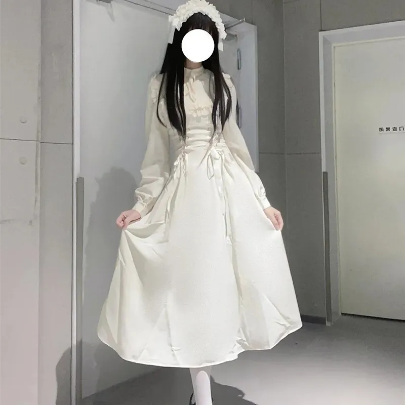 French Elegant Lace Long Sleeve Dress Women Hight Waist Patchwork Dresses Lolita Fashion Kawaii New Lace Up Vestidos Female