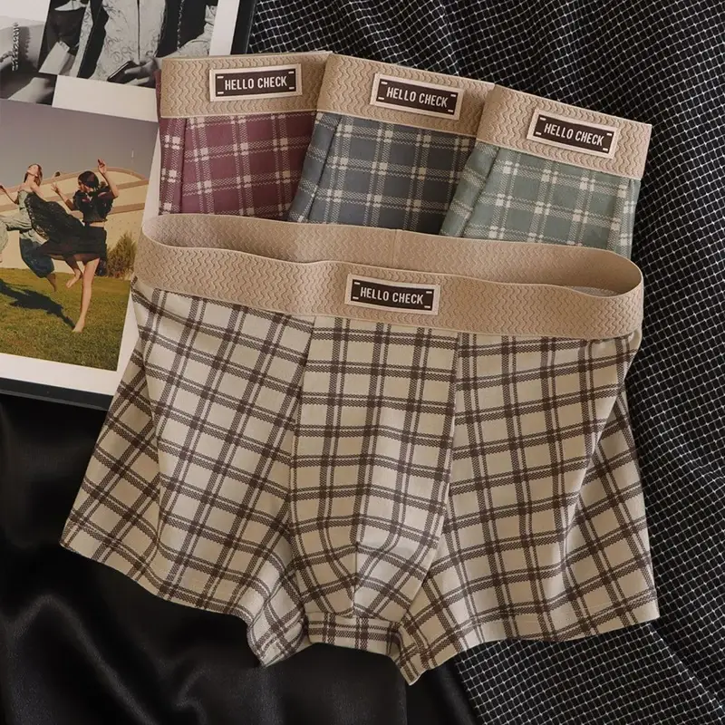 Quần Short Boxer Retro In Họa Tiết Ca Rô 4 Món, Đồ Lót Mềm Mại, Thoải Mái, Thoáng Khí, Quần Lót Boxer Không Đường May Cho Nam — image 6