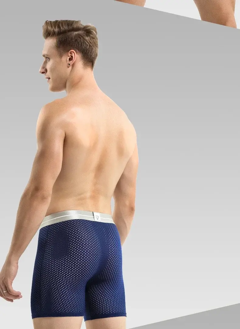 Professional sports men's underwear lengthened anti-wear leg boxer shorts ice silk hollow breathable quick dry running long leg