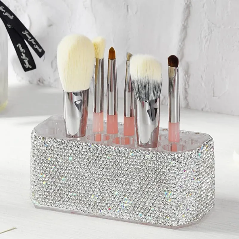 Acrylic Makeup Brushes Holder 26 Holes Rhinestone Diamond Cosmetics Storage Box Eyebrow Pencil Sorting Large Capacity Organizer