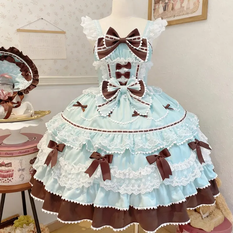 Y2K Sweet Lolita Jks Strap Dress Women Solid Ruffle Lace Bow Patchwork Kawaii Princess Ball Gown Knee-Length Elegant Party