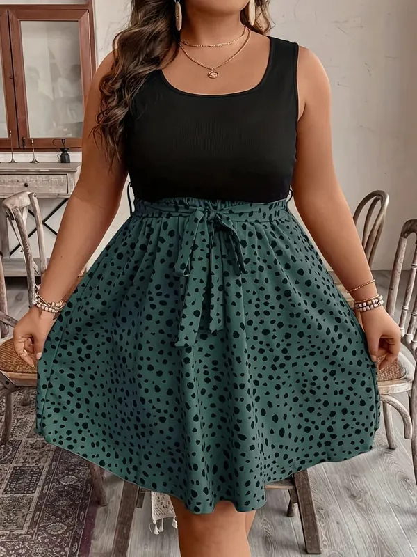 Large Women's Knitted Spliced Woven Round Neck Sleeveless Waist Cinched A-Line Short Vacation Dress