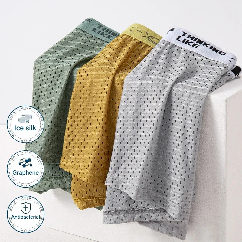 Mens Ice Silk Mesh Underwear Summer Breathable Mesh Cool Boxer Boxer Shorts for Men 45-90KG Anti-bacterial Light Thin Underpants