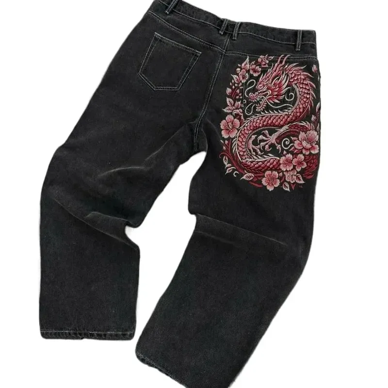 90s Gothic Centipede Embroidery Washed Oversized Wide-Leg Pants Jeans Men Y2K New Harajuku Punk Hip-Hop Rock Couple Street Wear