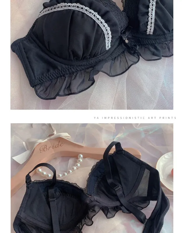 Set Bra Hitam Cincin Baja Besar V Dalam Anak Perempuan Jaring Cup Tipis Seksi dengan Cincin Baja Pakaian Dalam Wanita Celana Dalam Lingerie