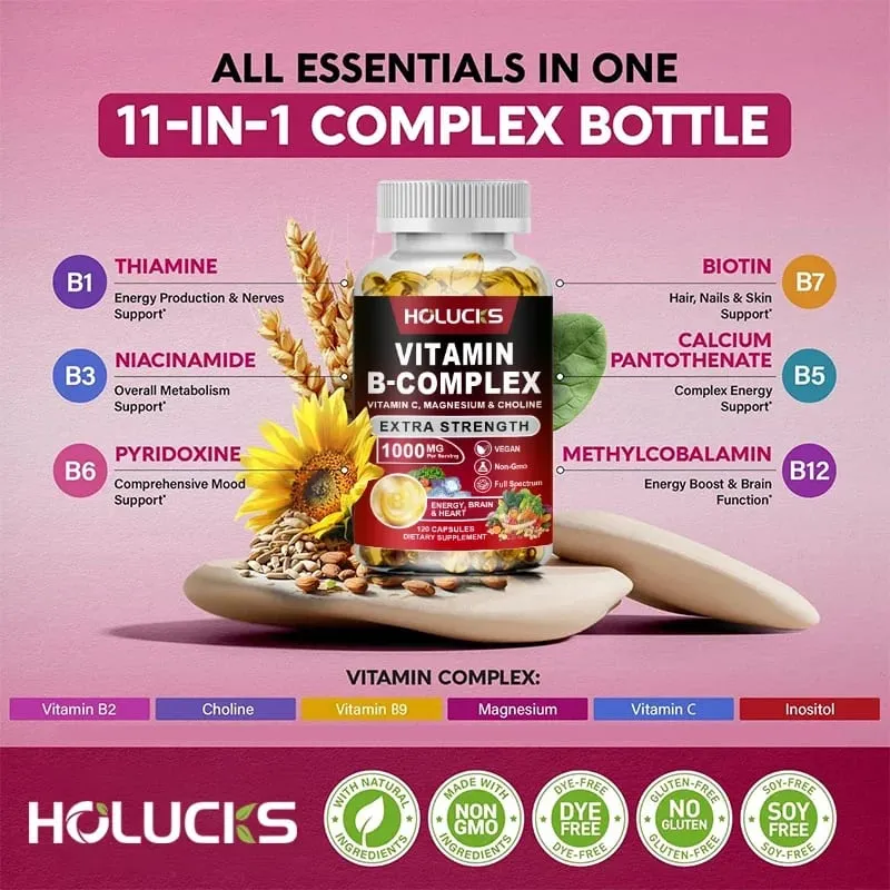 Vitamin B Complex Supplement - (B1 B2 B3 B5 B6 B7 B8 B9 B12 Folic Acid&Biotin) with Vitamin C Inositol - Energy Healthy