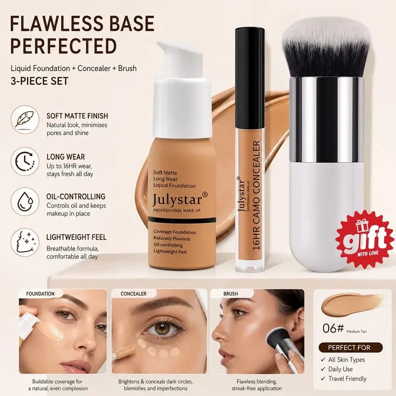 3‑Pc Base Makeup Kit Foundation&Concealer Free Brush. Matte 16H Oil‑Control Lightweight Full-Coverage for Natural Daily Face