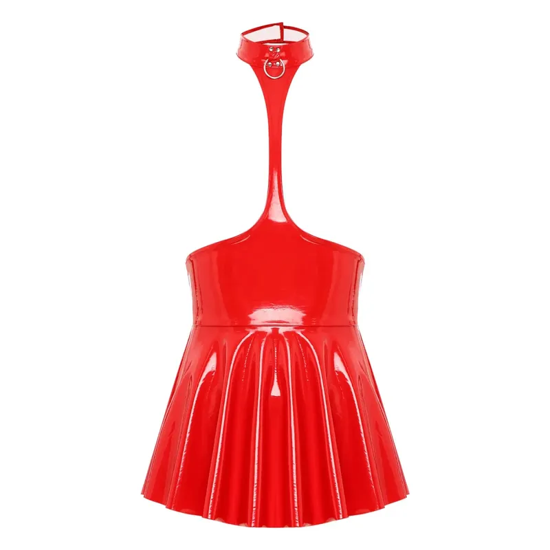 Womens Shiny Metallic Faux Leather Hollow Out Halter Backless Mini Skater Dress Wet Look Pleated A Line Skirt Party Clubwear