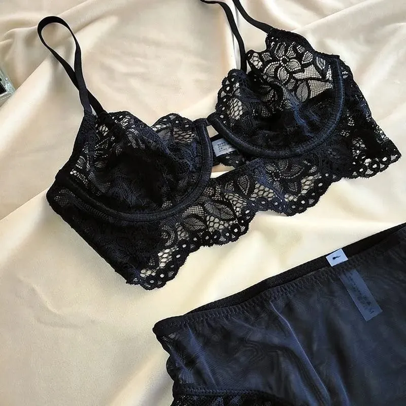 Sexy Bra and Panty Sets Summer Spring See Through Sheer Mesh Solid Hot Thin Embroidered Two Piece Underwire Lingerie Set