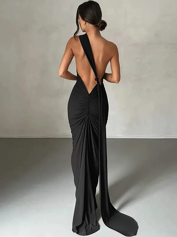 Hugcitar Een Schouder Backless Verstelbare Sjaal Lus Ruches Sexy Maxi Jurk 2025 Vrouwen Elegante Y2K Streetwear Festival Outfit — image 18
