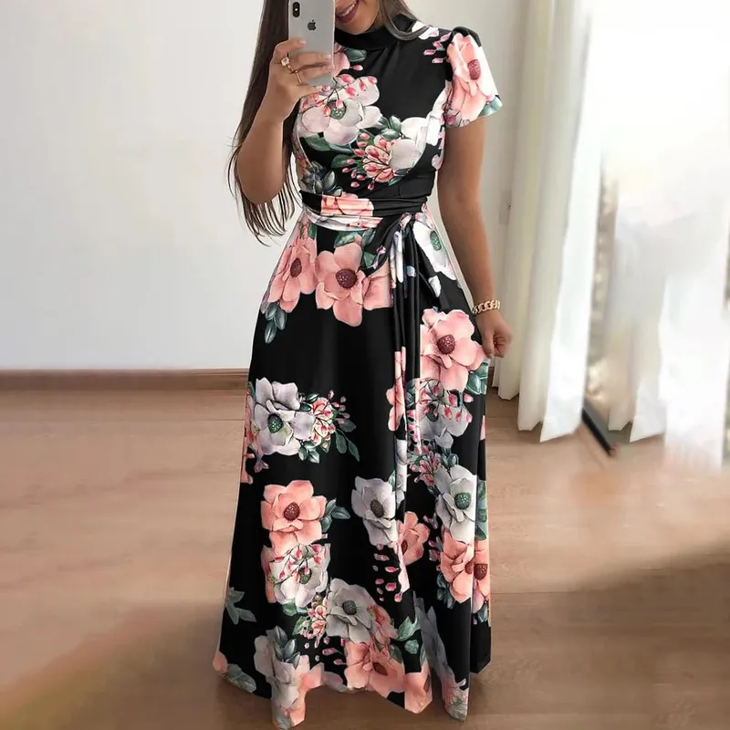 Women's Floral Print Summer Dress - 2025 New Boho A-Line Swing Dress with Short Sleeves High Waist Flowy Maxi Dress for Beach &